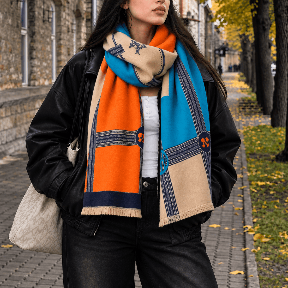 Eleanor – Women’s Oversized Striped Border Winter Scarf with Fringe Trim - Scarves & Shawls - Blue - Sarvento