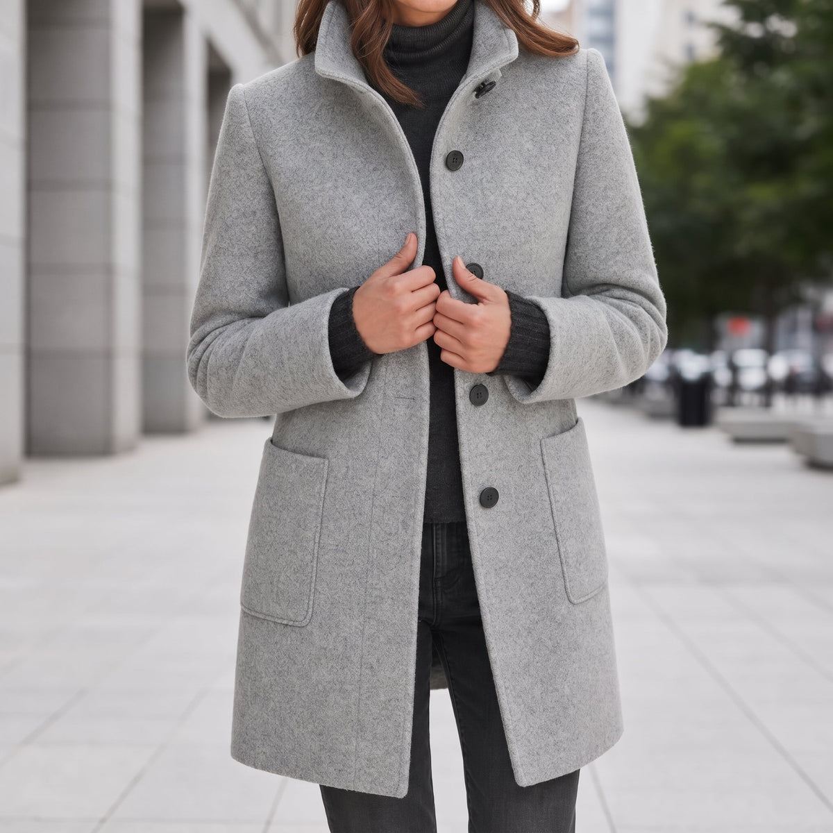 Eleanor - Women's Stand Collar Button-Front Midi Coat with Patch Pockets - Overcoats - Light Gray - Sarvento