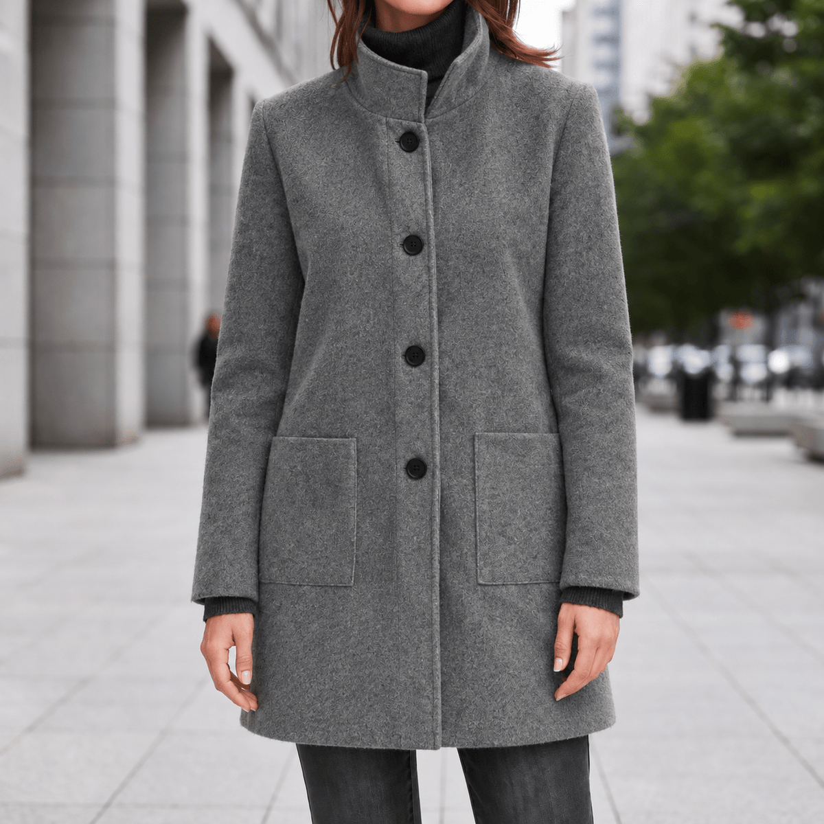 Eleanor - Women's Stand Collar Button-Front Midi Coat with Patch Pockets - Overcoats - Dark Gray - Sarvento