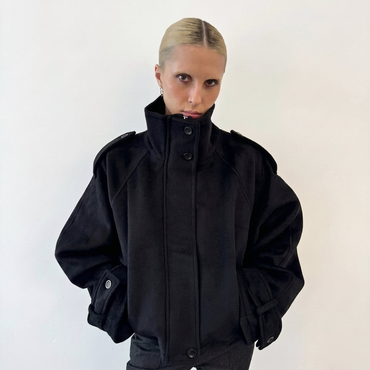 Elena - Women's Oversized Wool Look Jacket with Stand Collar - Coats & Jackets - Black - Parker&Brooks