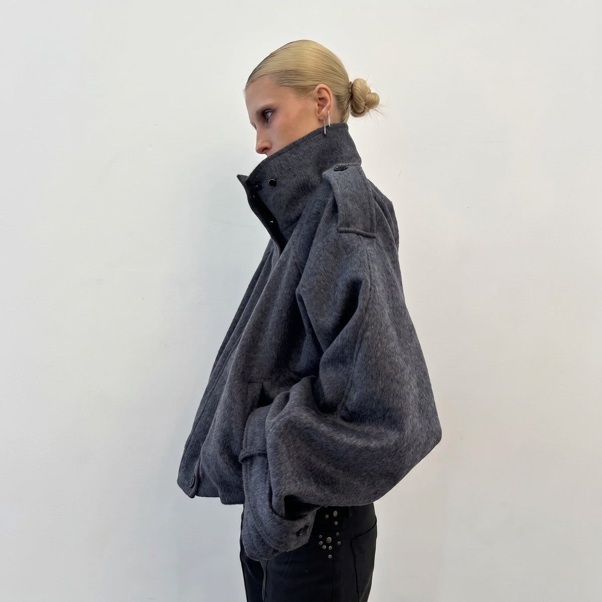 Elena - Women's Oversized Wool Look Jacket with Stand Collar - Coats & Jackets - Grey - Parker&Brooks