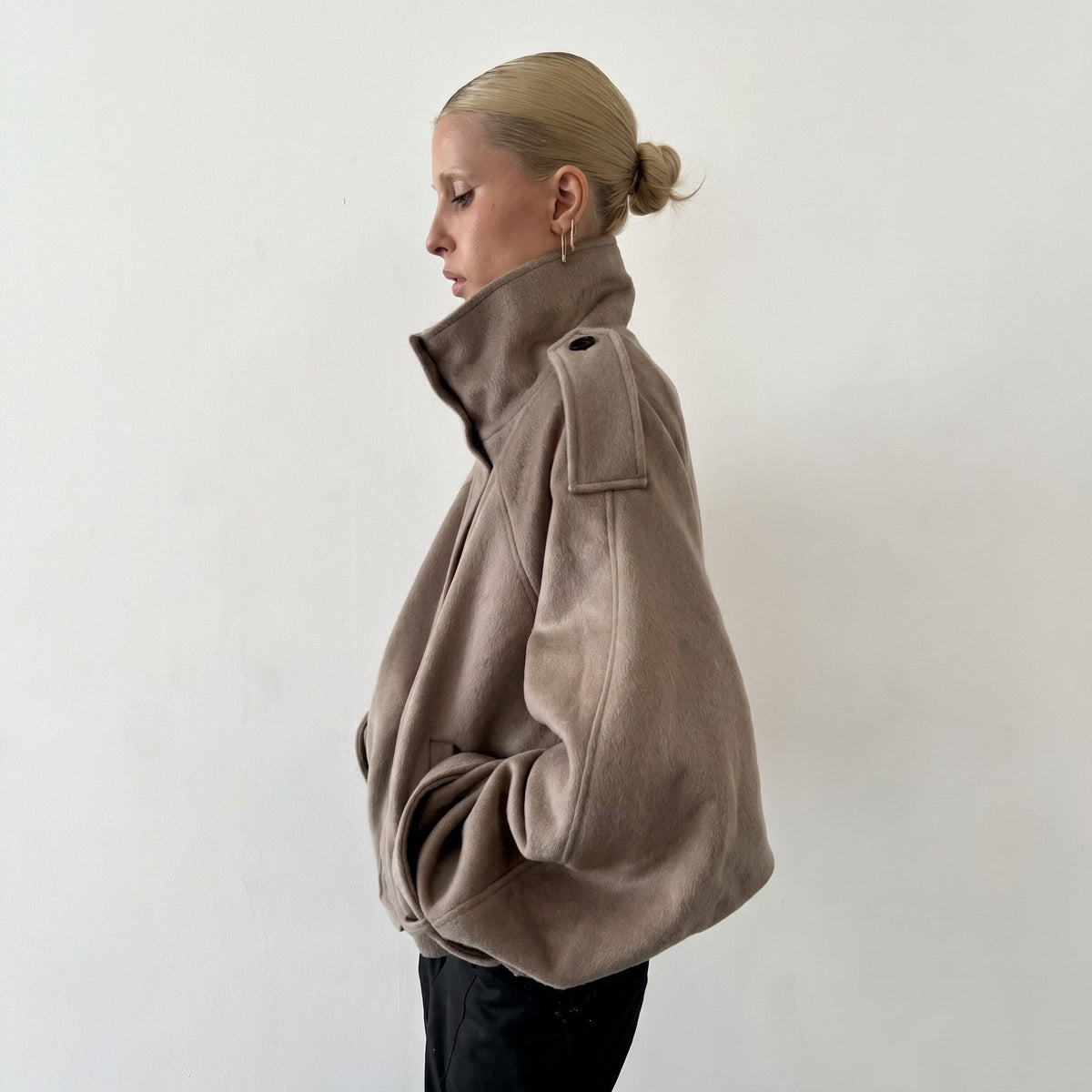 Elena - Women's Oversized Wool Look Jacket with Stand Collar - Coats & Jackets - Khaki - Parker&Brooks
