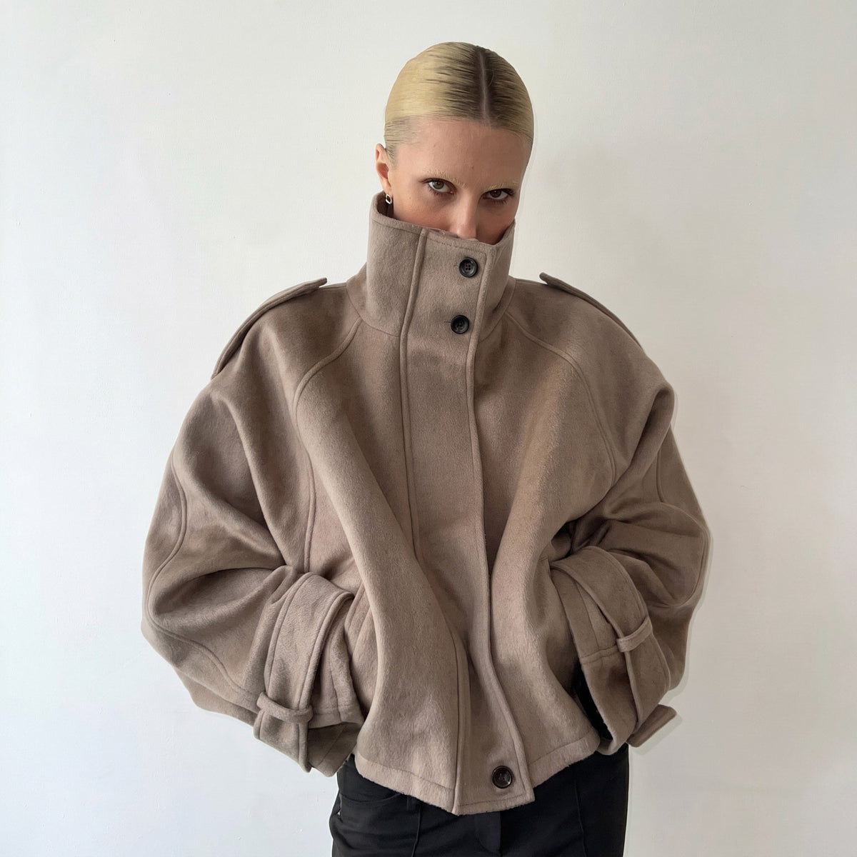 Elena - Women's Oversized Wool Look Jacket with Stand Collar - Coats & Jackets - Khaki - Parker&Brooks
