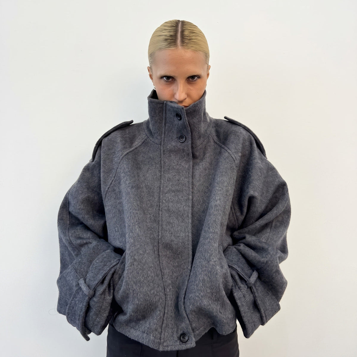 Elena - Women's Oversized Wool Look Jacket with Stand Collar - Coats & Jackets - Grey - Parker&Brooks