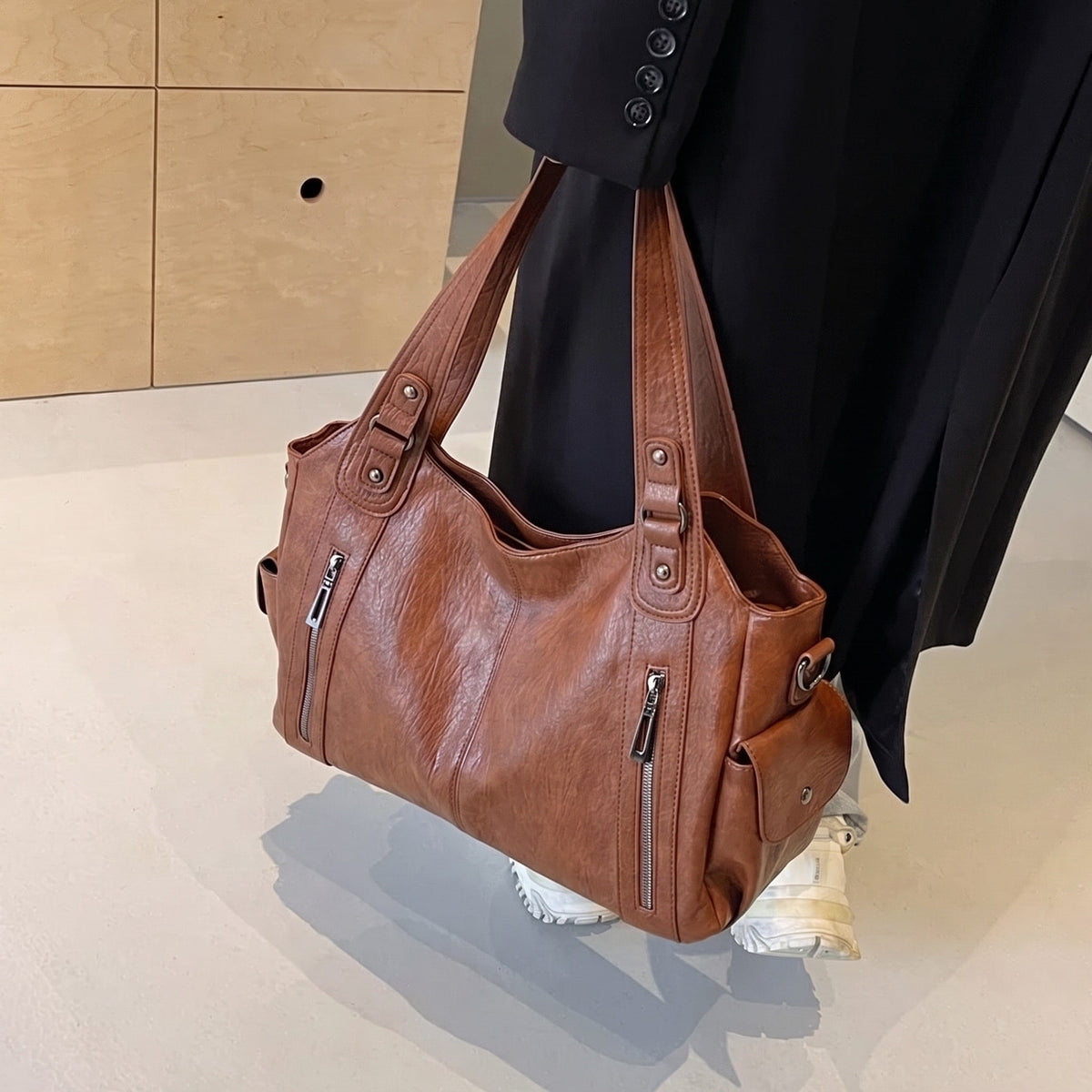 Elise - Women's Slouchy Shoulder Tote Bag with Multiple Zip Pockets - Tote Bags - Light Brown - Sarvento