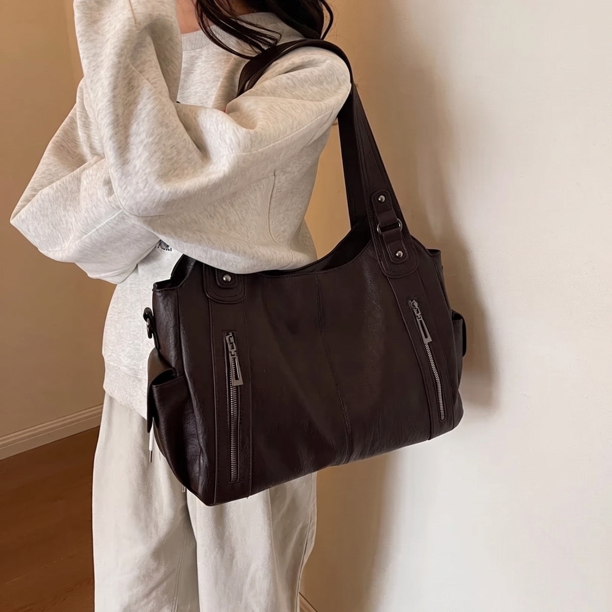 Elise - Women's Slouchy Shoulder Tote Bag with Multiple Zip Pockets - Tote Bags - Brown - Sarvento