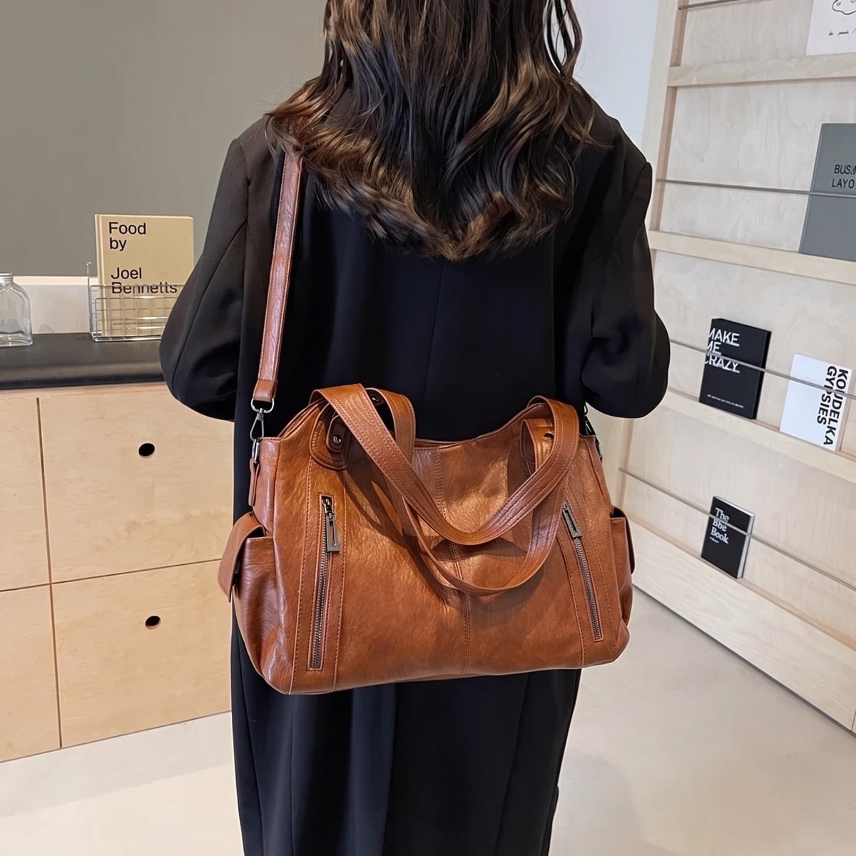 Elise - Women's Slouchy Shoulder Tote Bag with Multiple Zip Pockets - Tote Bags - Light Brown - Sarvento