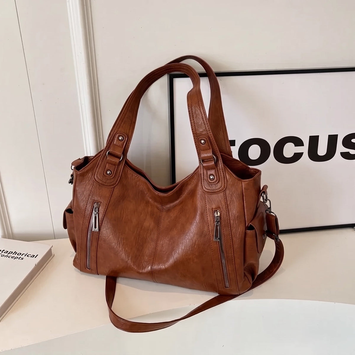 Elise - Women's Slouchy Shoulder Tote Bag with Multiple Zip Pockets - Tote Bags - Light Brown - Sarvento
