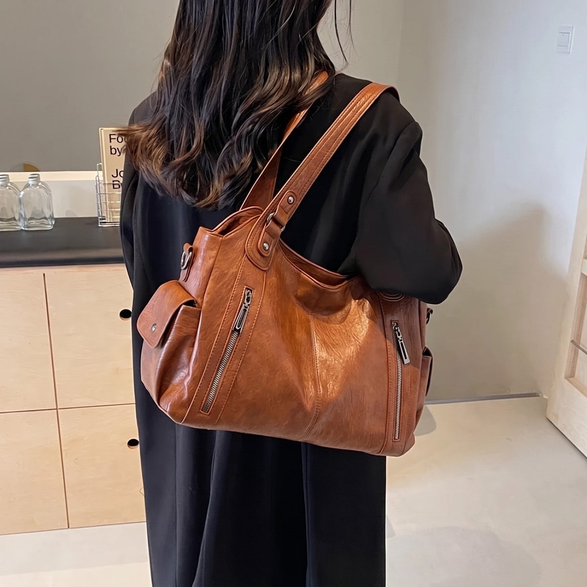 Elise - Women's Slouchy Shoulder Tote Bag with Multiple Zip Pockets - Tote Bags - Light Brown - Sarvento