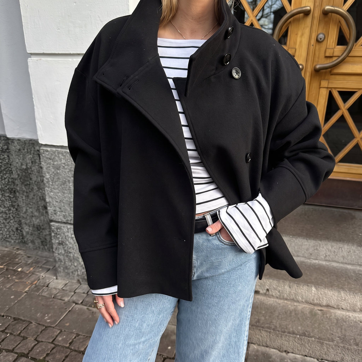 Elise - Women's Transitional Oversized Stand Collar Button-Front Jacket - Coats & Jackets - Black - Parker&Brooks