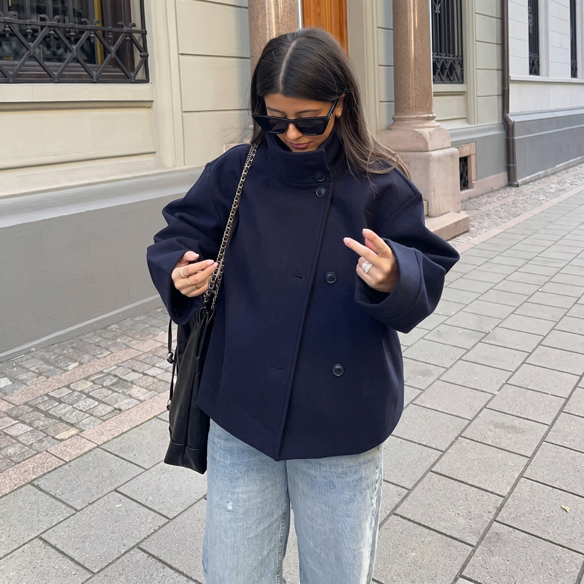 Elise - Women's Transitional Oversized Stand Collar Button-Front Jacket - Coats & Jackets - Navy Blue - Parker&Brooks