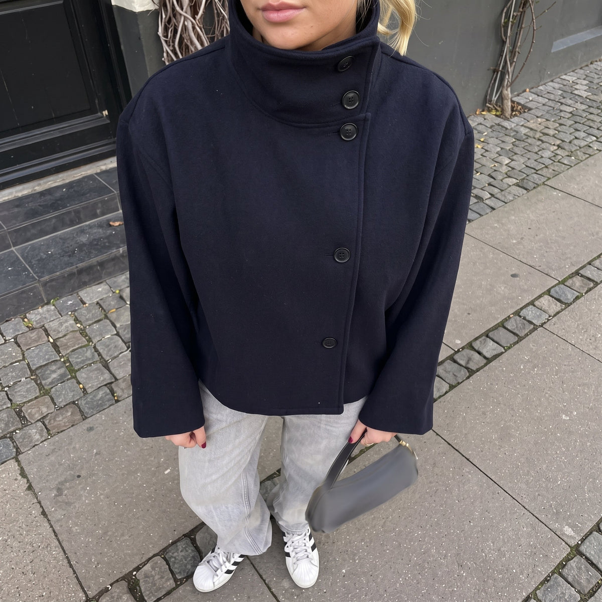 Elise - Women's Transitional Oversized Stand Collar Button-Front Jacket - Coats & Jackets - Navy Blue - Parker&Brooks