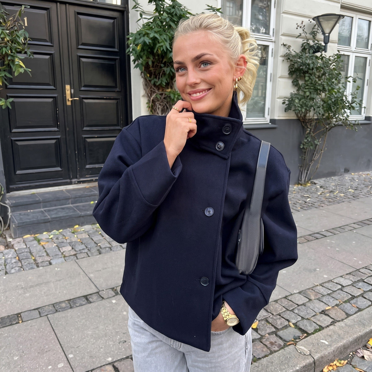 Elise - Women's Transitional Oversized Stand Collar Button-Front Jacket - Coats & Jackets - Navy Blue - Parker&Brooks