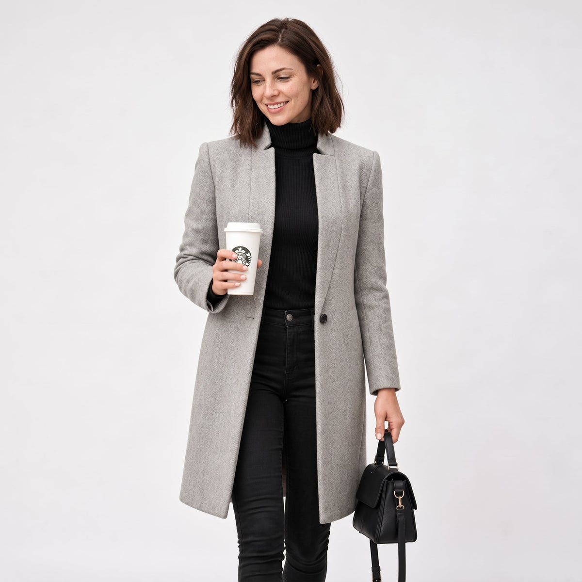 Eliza - Women's Tailored Longline Overcoat with Notch Lapel - Overcoats - Gray - Sarvento