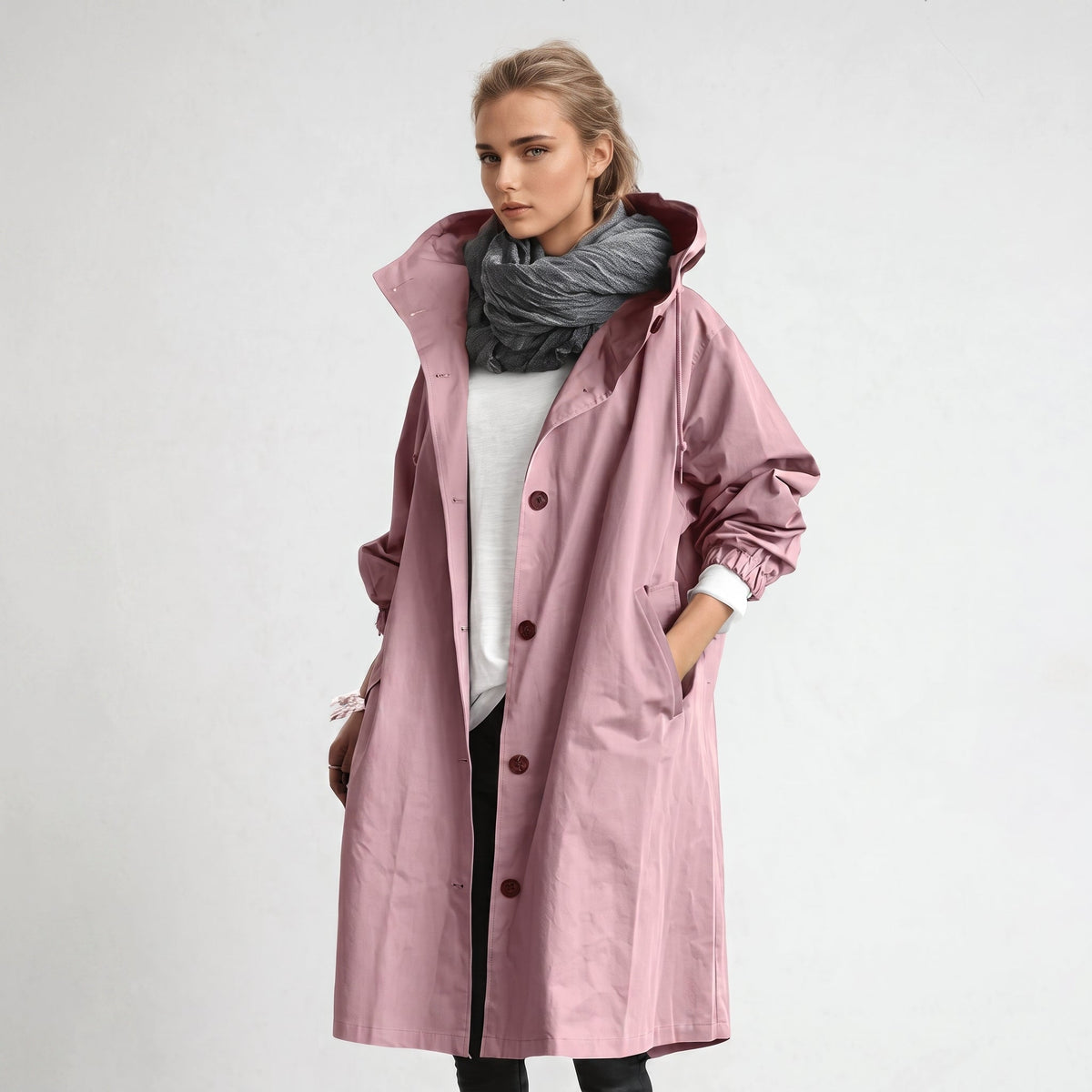 Elizabeth - Women's Hooded Longline Trench Coat with Drawstring Waist - Pink - Parker&Brooks