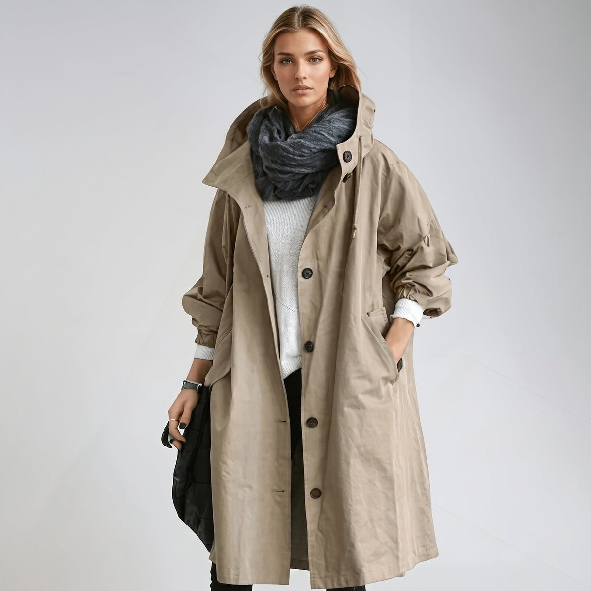 Elizabeth - Women's Hooded Longline Trench Coat with Drawstring Waist - Brown - Parker&Brooks