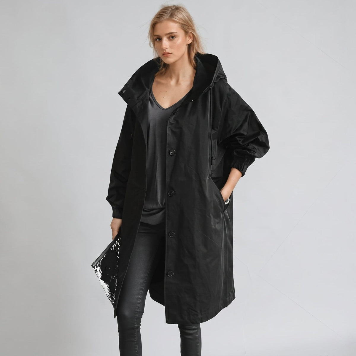 Elizabeth - Women's Hooded Longline Trench Coat with Drawstring Waist - Black - Parker&Brooks