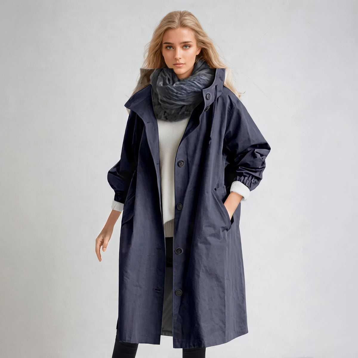 Elizabeth - Women's Hooded Longline Trench Coat with Drawstring Waist - Navy Blue - Parker&Brooks