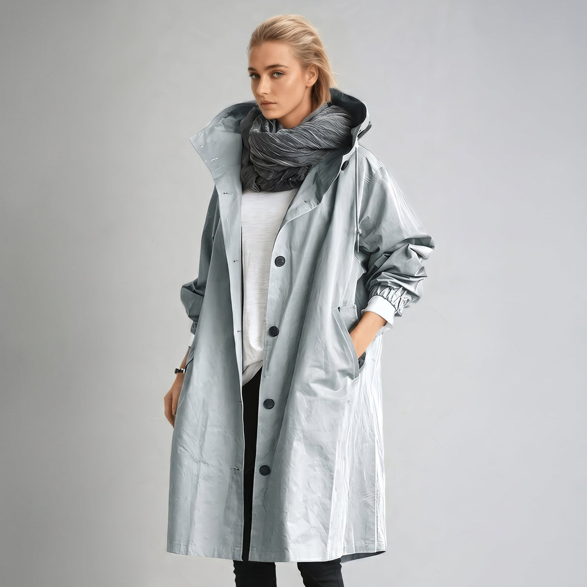 Elizabeth - Women's Hooded Longline Trench Coat with Drawstring Waist - Light Blue - Parker&Brooks
