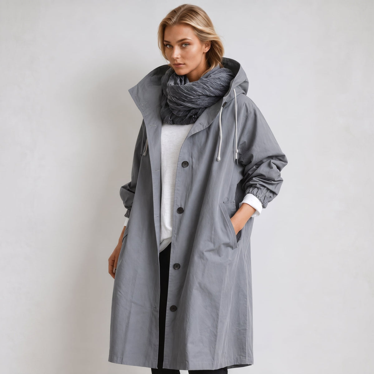 Elizabeth - Women's Hooded Longline Trench Coat with Drawstring Waist - Gray - Parker&Brooks