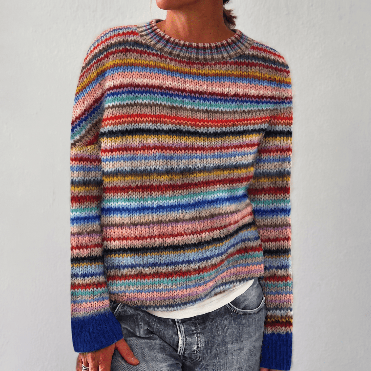 Ellie - Women's Striped Crew Neck Sweater with Ribbed Cuffs - Sweaters - Blue - Sarvento
