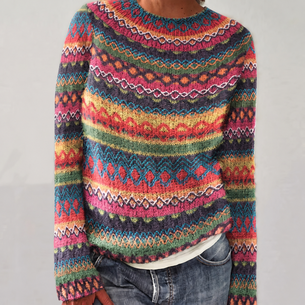 Ellie - Women's Striped Crew Neck Sweater with Ribbed Cuffs - Sweaters - Yellow - Sarvento
