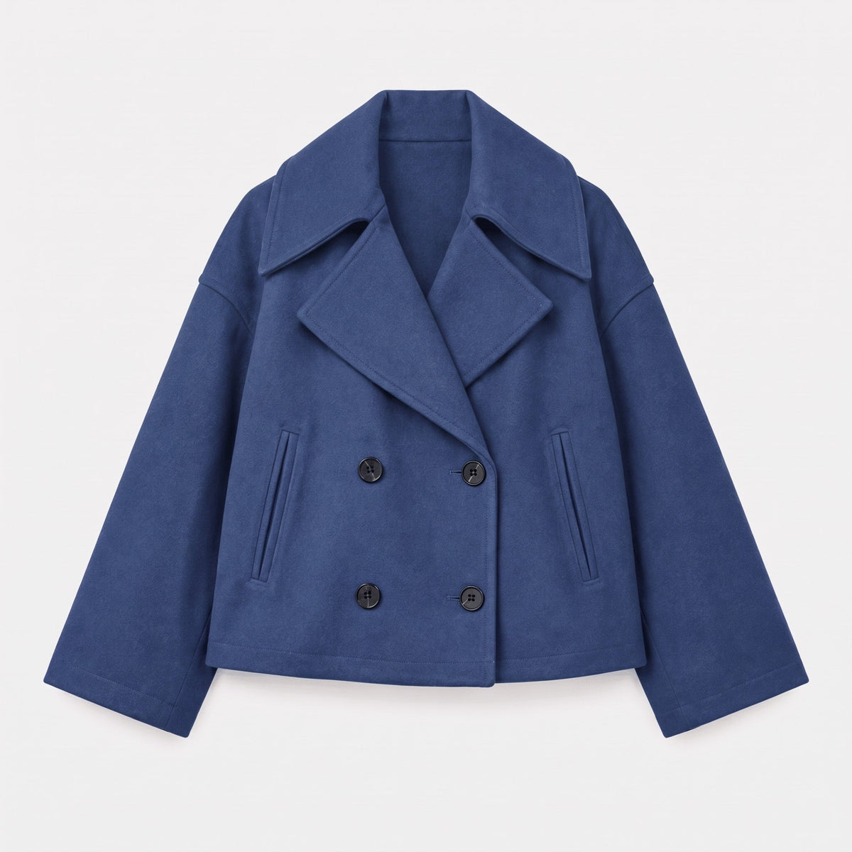 Eloise - Women's Double-Breasted Cropped Jacket with Notched Lapel - Blazers - Navy Blue - Sarvento