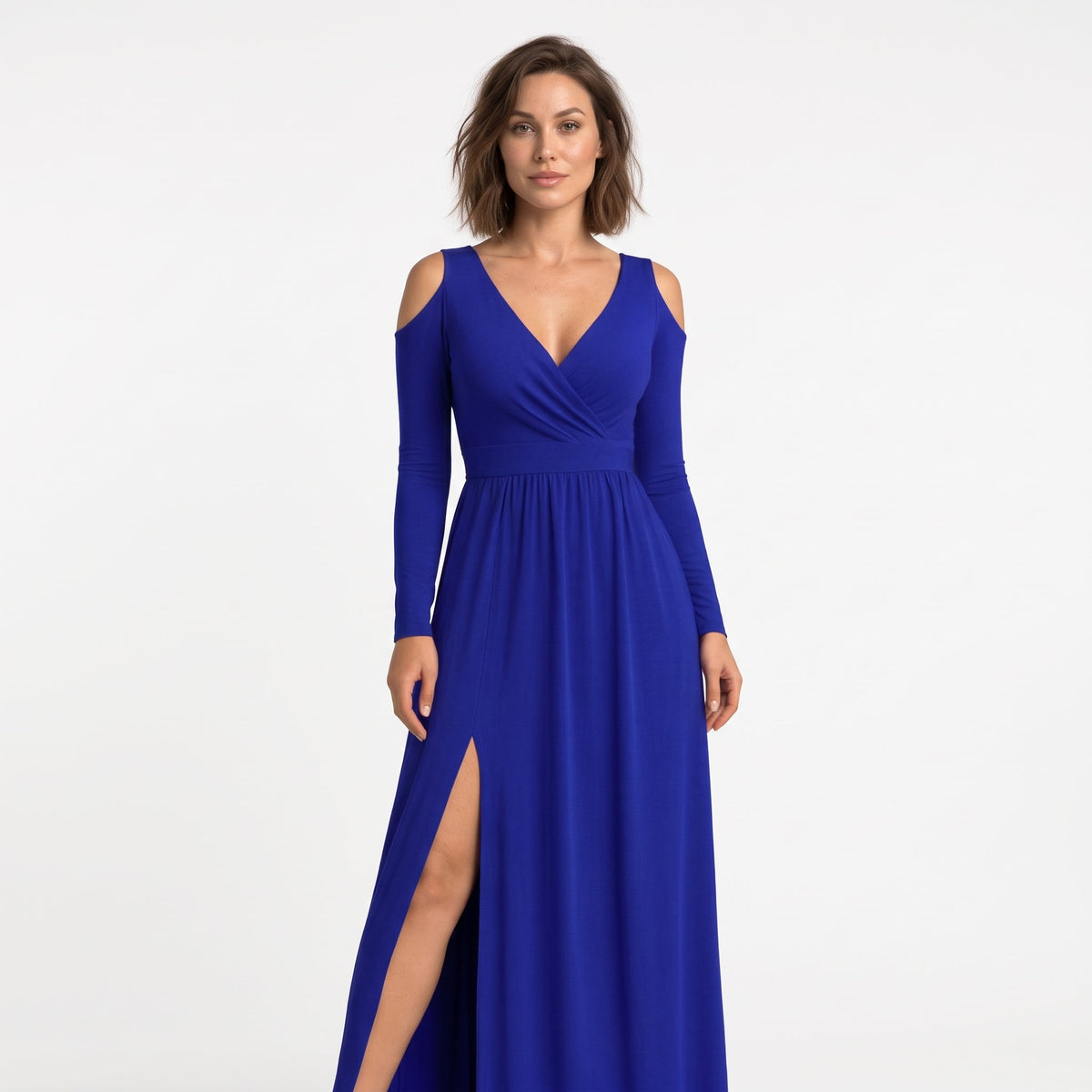 Elora - Women's Wedding Guest Cold-Shoulder Wrap Maxi Dress with Thigh Slit - Dresses - Blue - Sarvento
