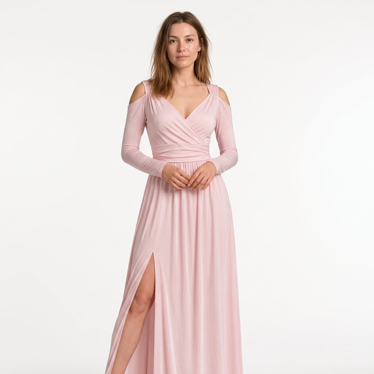 Elora - Women's Wedding Guest Cold-Shoulder Wrap Maxi Dress with Thigh Slit - Dresses - Pink - Sarvento