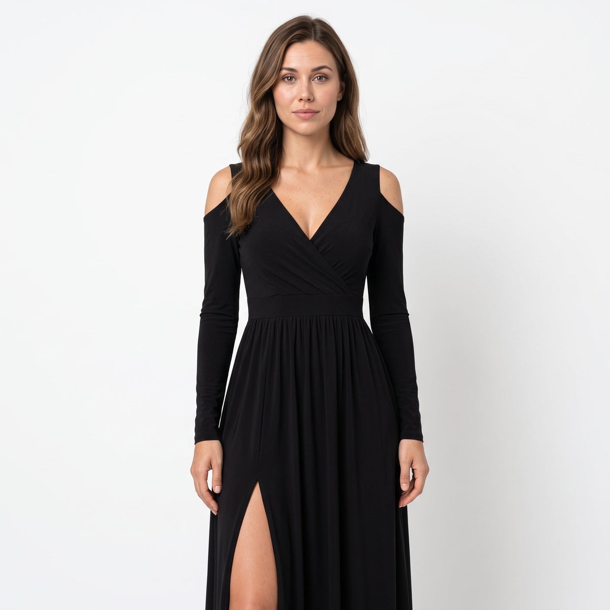 Elora - Women's Wedding Guest Cold-Shoulder Wrap Maxi Dress with Thigh Slit - Dresses - Black - Sarvento