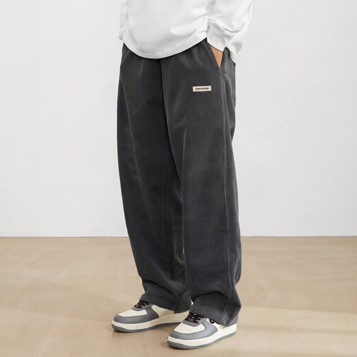 Emil - Men's Wide-Leg Corduroy Trousers with Relaxed Fit - Trousers - Dark Gray - Parker&Brooks