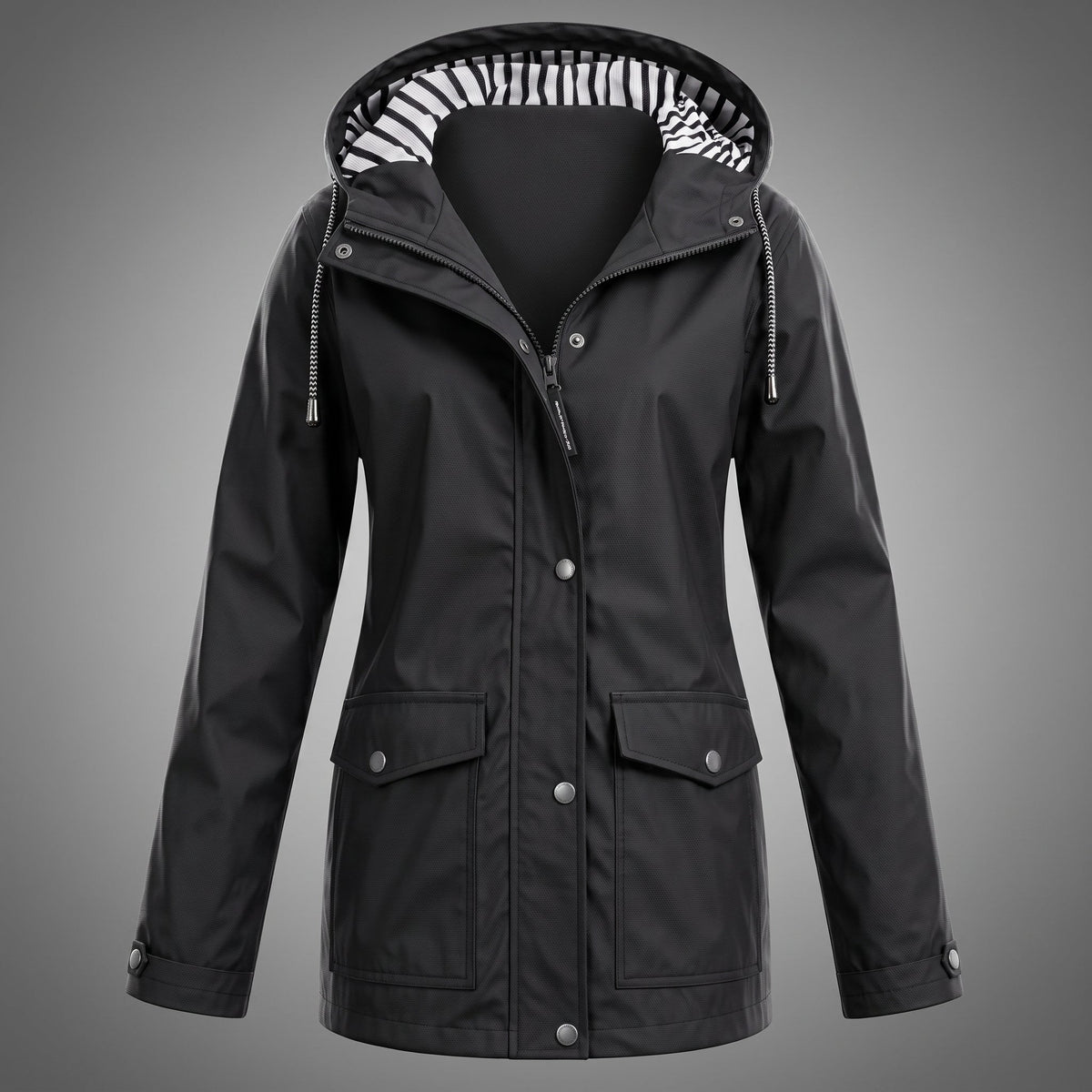 Emily - Women's Hooded Rain Jacket with Drawstring Hem - Rain Coat - Black - Parker&Brooks