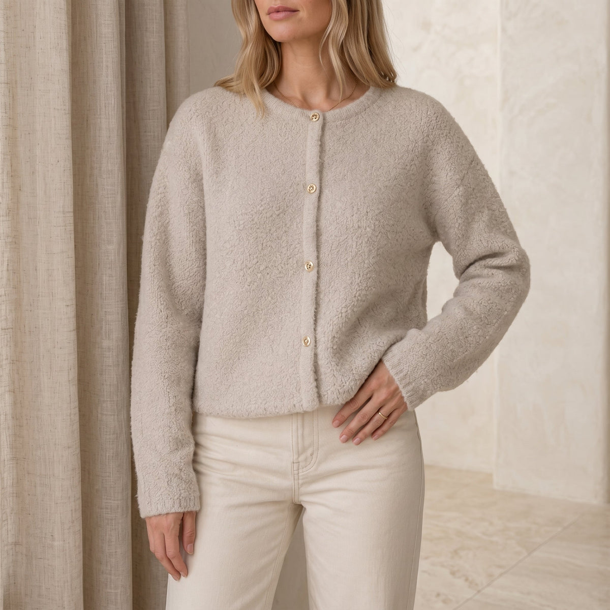 Emily - Women's Textured Cardigan with Button Front - Cardigans - Beige - Parker&Brooks