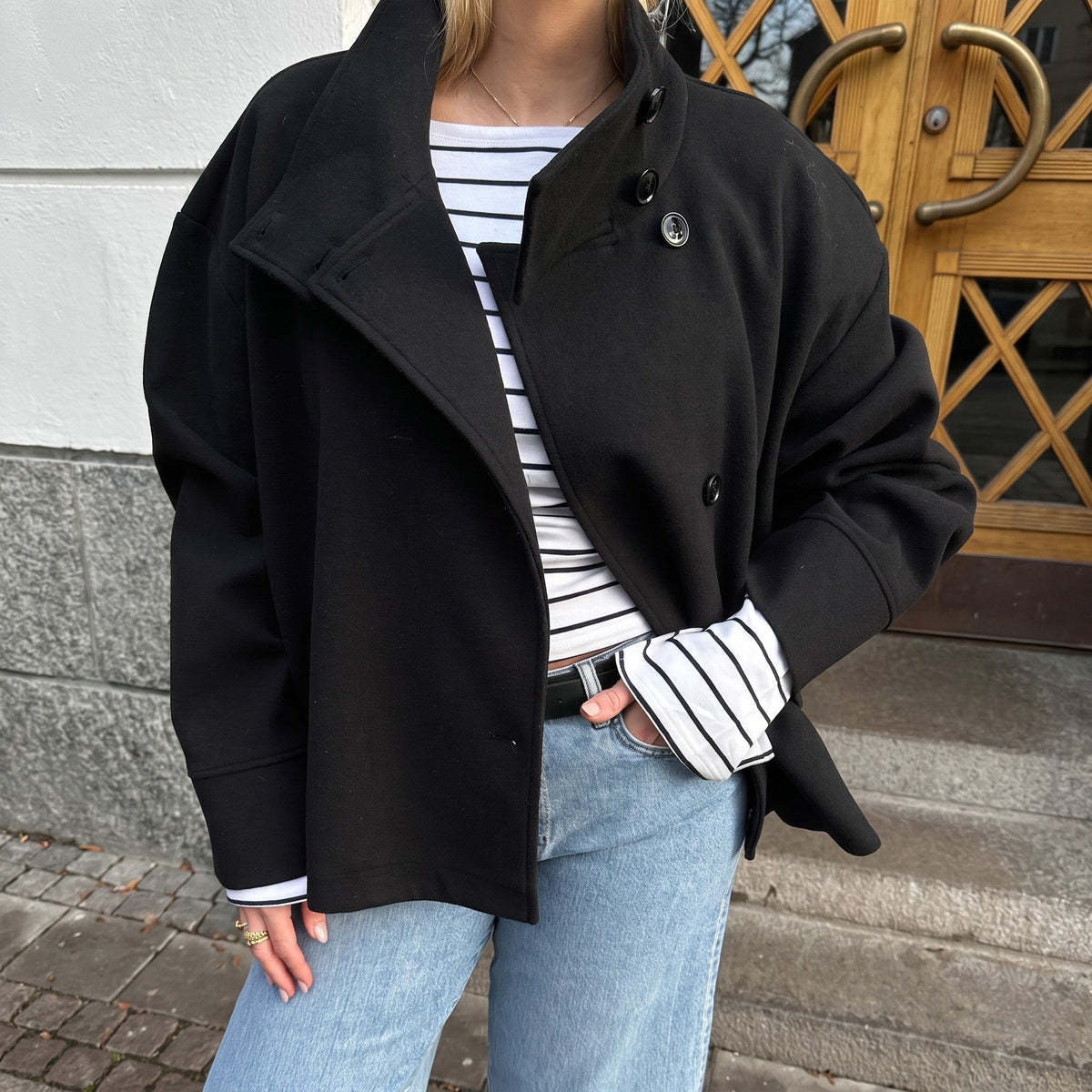 Emma - Women's Cropped Pea Coat with Stand Collar - Pea Coats - Black - Parker&Brooks