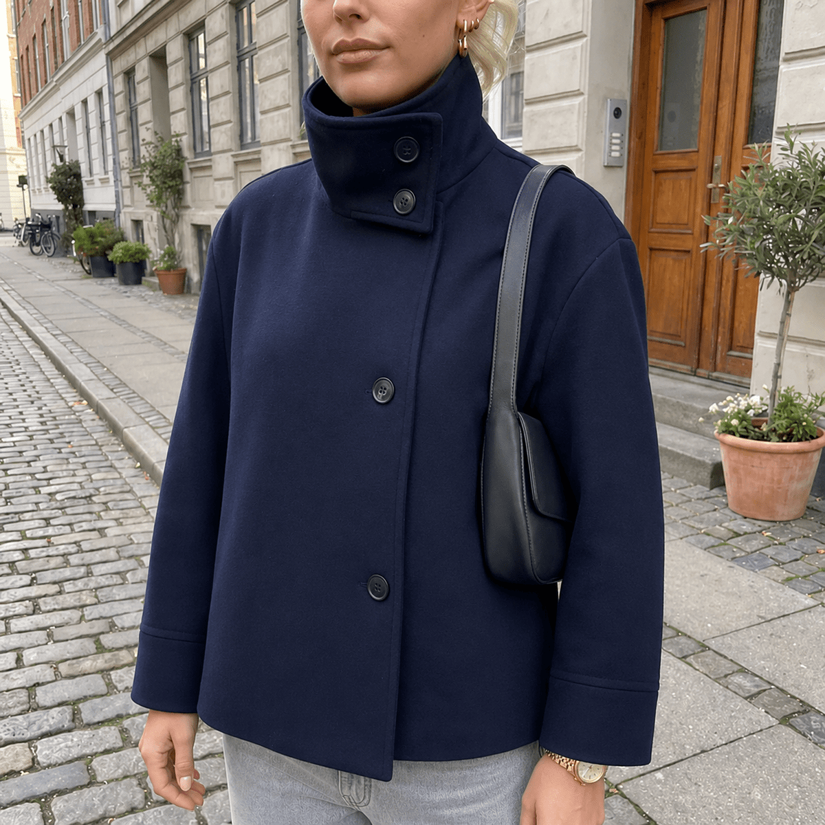 Emma - Women's Cropped Pea Coat with Stand Collar - Pea Coats - Dark Blue - Parker&Brooks