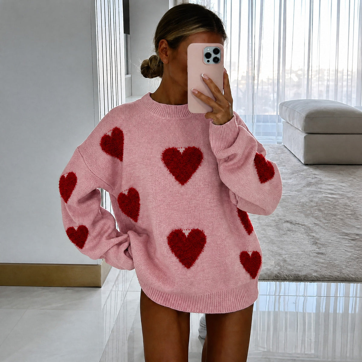 Emma - Women's Oversized Heart Print Knit Sweater - Sweaters - Pink - Parker&Brooks