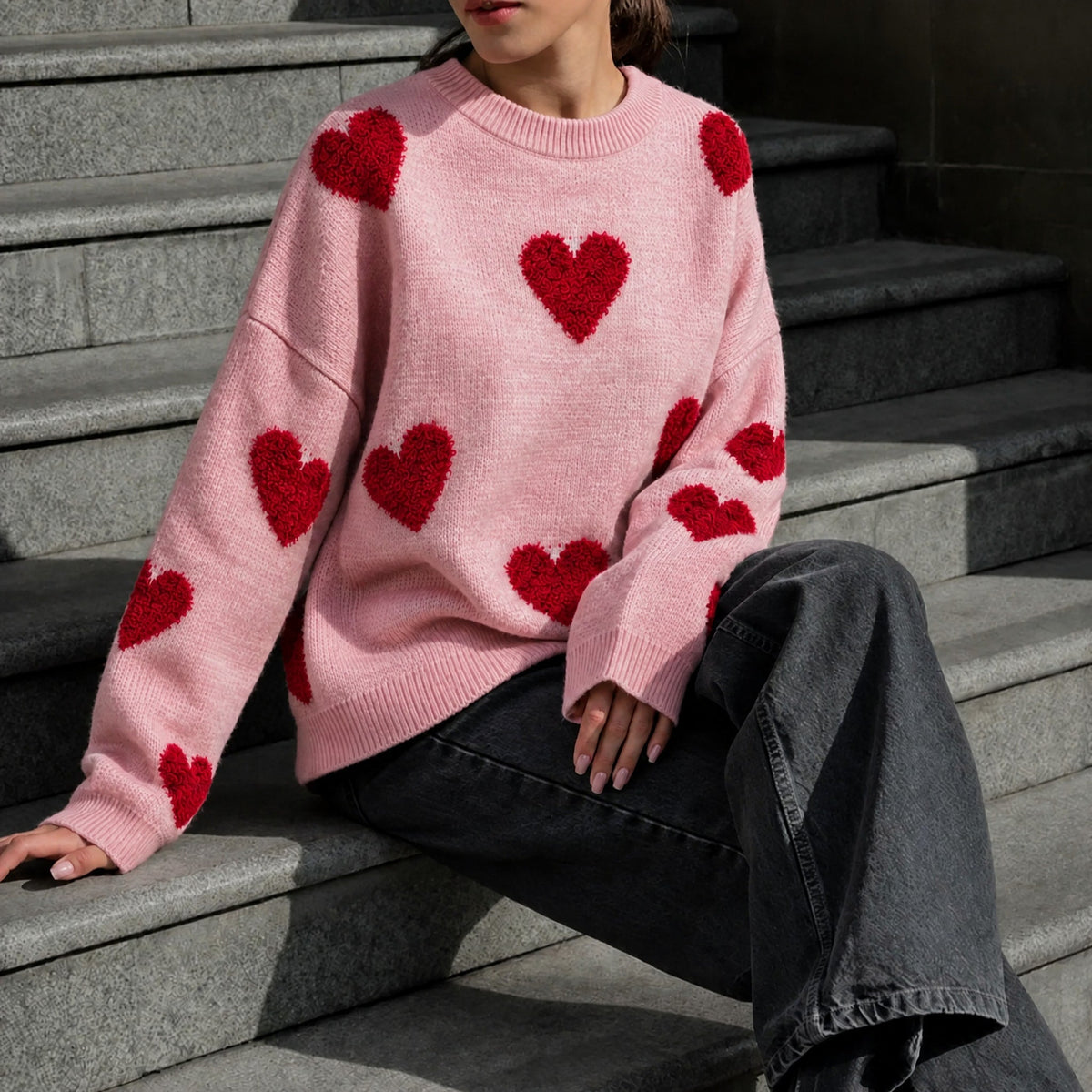 Emma - Women's Oversized Heart Print Knit Sweater - Sweaters - White - Parker&Brooks