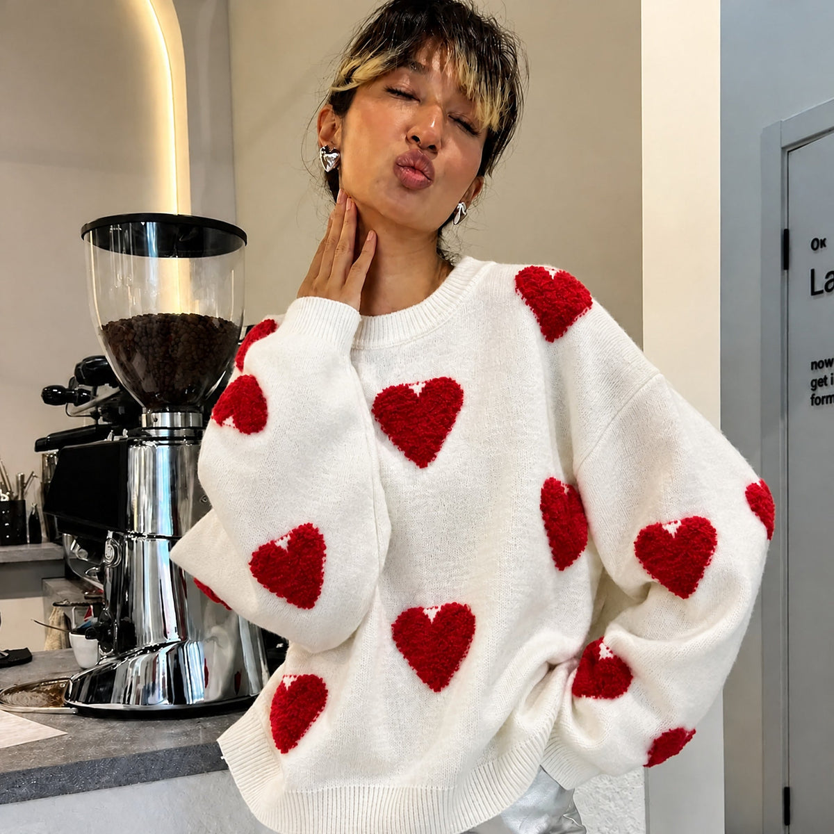 Emma - Women's Oversized Heart Print Knit Sweater - Sweaters - White - Parker&Brooks