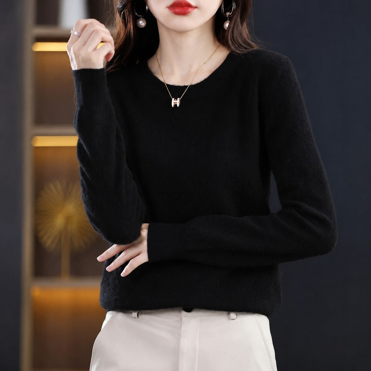 Erica - Women's Crew Neck Sweater with Ribbed Trim - Sweater - Black - Parker&Brooks