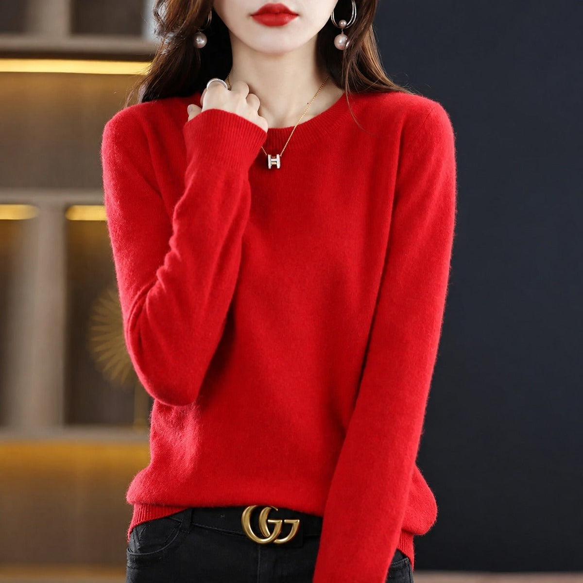 Erica - Women's Crew Neck Sweater with Ribbed Trim - Sweater - Red - Parker&Brooks