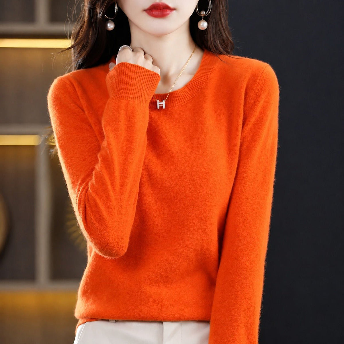 Erica - Women's Crew Neck Sweater with Ribbed Trim - Sweater - Orange - Parker&Brooks