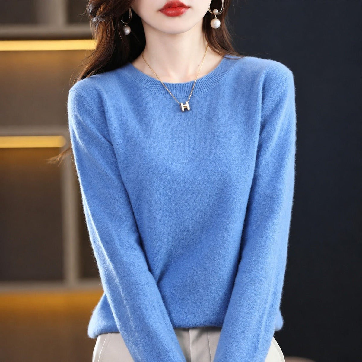 Erica - Women's Crew Neck Sweater with Ribbed Trim - Sweater - Blue - Parker&Brooks
