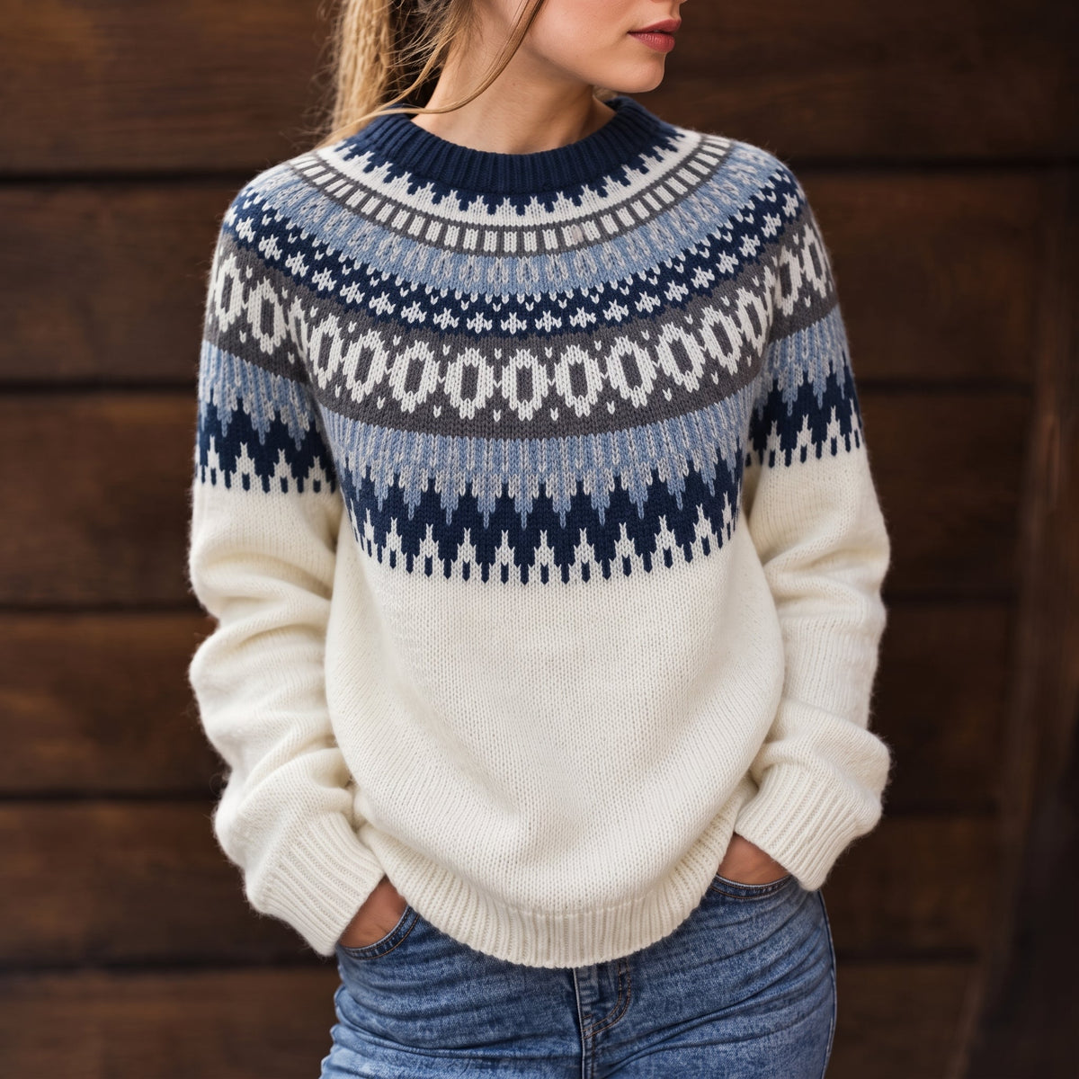 Estelle - Women's Fair Isle Crew Neck Sweater with Ribbed Trim - Sweaters - White - Parker&Brooks