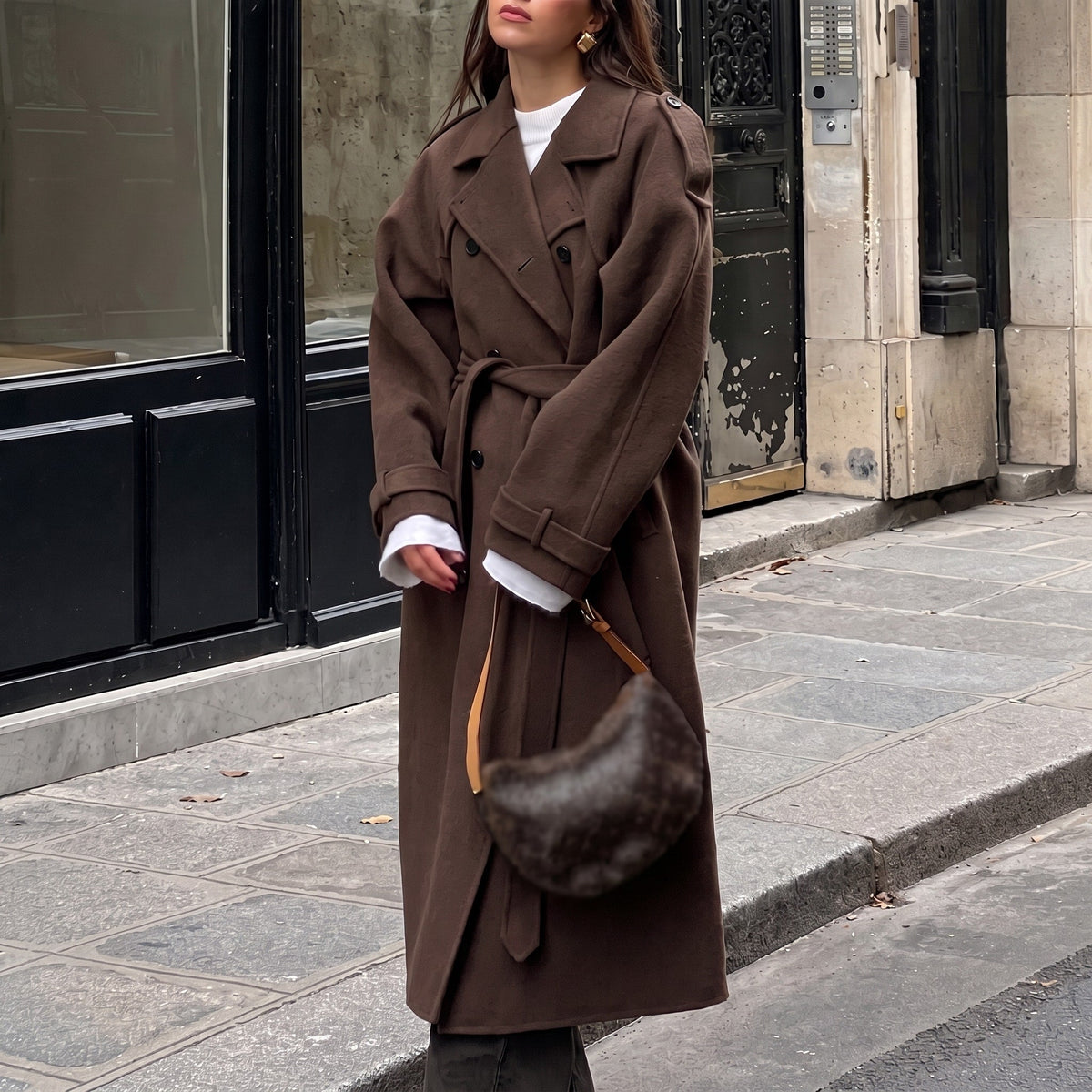 Évienne - Women's Double-Breasted Belted Longline Trench Coat - Trench Coats - Brown - Sarvento