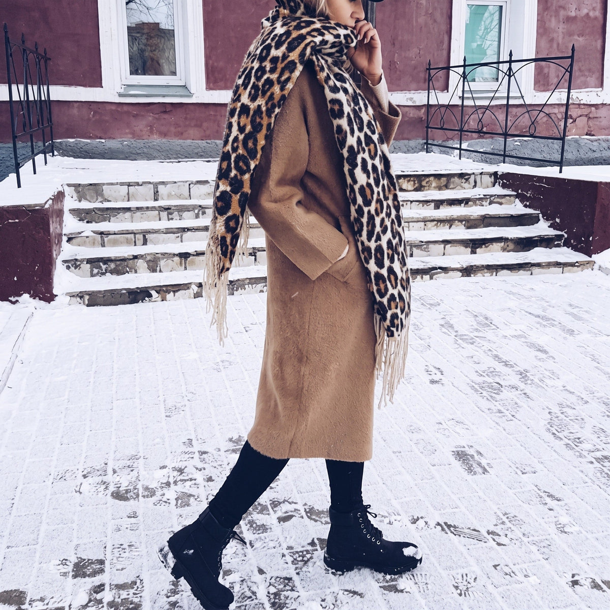 Evienne - Women's Leopard Print Fringe Scarf with Tassel Trim - Scarves & Shawls - Sarvento