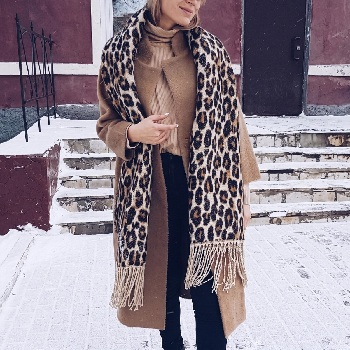 Evienne - Women's Leopard Print Fringe Scarf with Tassel Trim - Scarves & Shawls - Sarvento