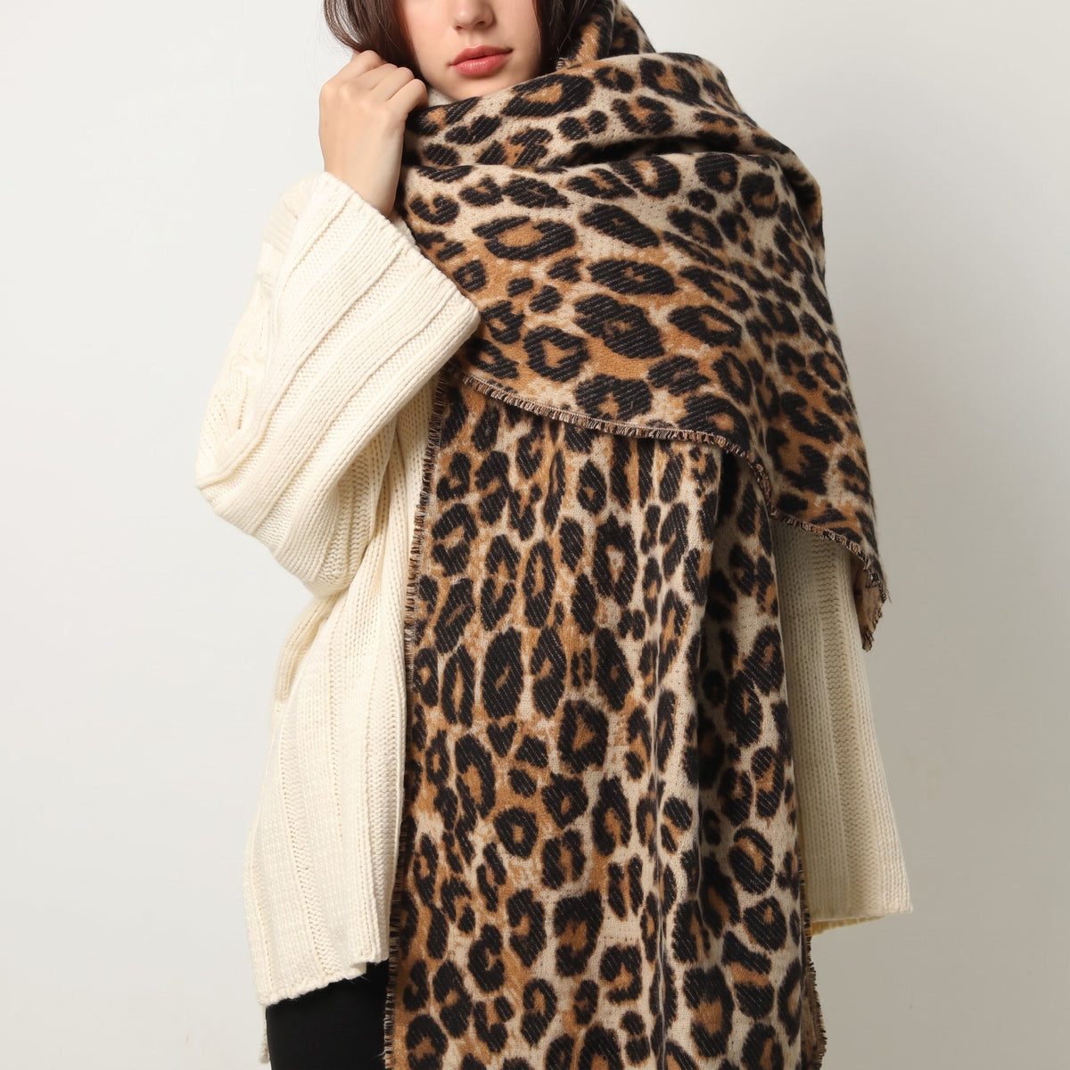 Evienne - Women's Leopard Print Fringe Scarf with Tassel Trim - Scarves & Shawls - Sarvento