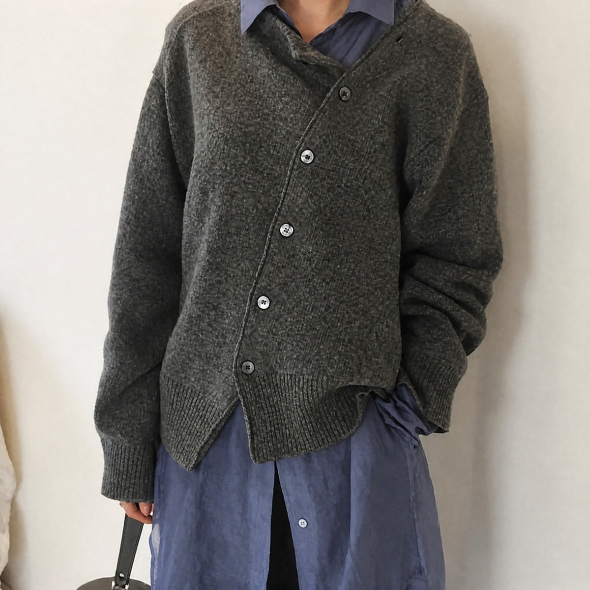 Fia - Women's Asymmetric Button Front Cardigan with Ribbed Trim - Cardigans - Gray - Parker&Brooks