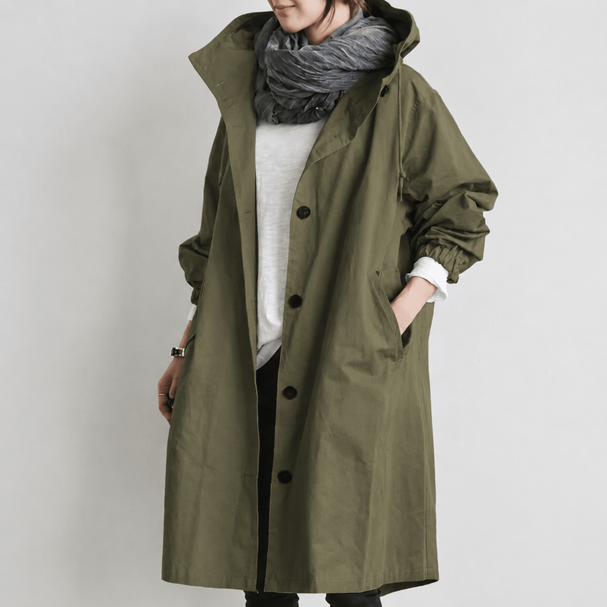 Freya - Women's Hooded Longline Trench Coat with Drawstring Hoodie - Trench Coats - Green - Parker&Brooks