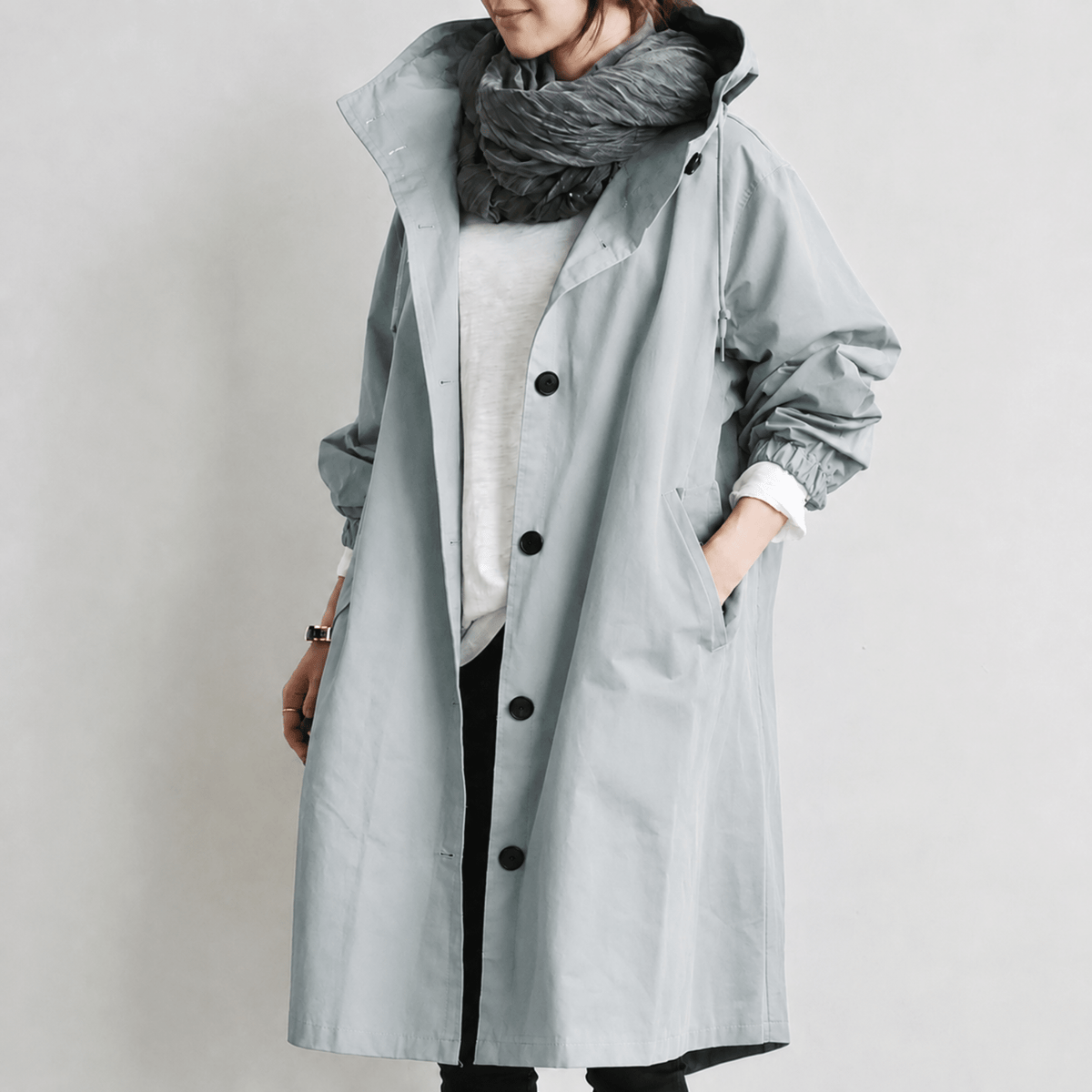 Freya - Women's Hooded Longline Trench Coat with Drawstring Hoodie - Trench Coats - Light Gray - Parker&Brooks